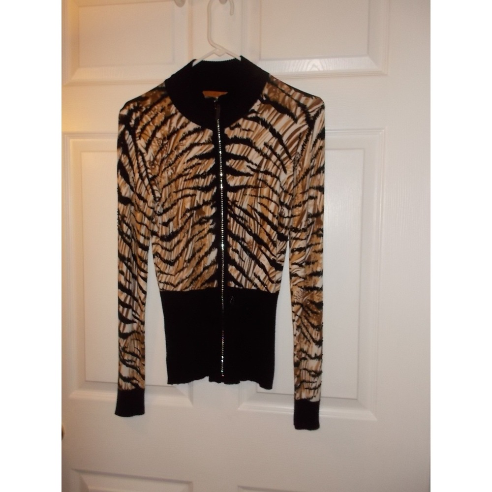 Belldini Tiger Animal Print Rhinestone Zip Front Cardigan Sweater Mock Neck